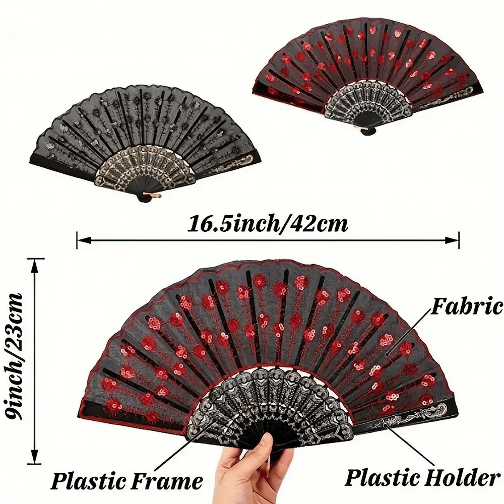 Elegante abanico plegable gótico vintage de encaje y lentejuelas