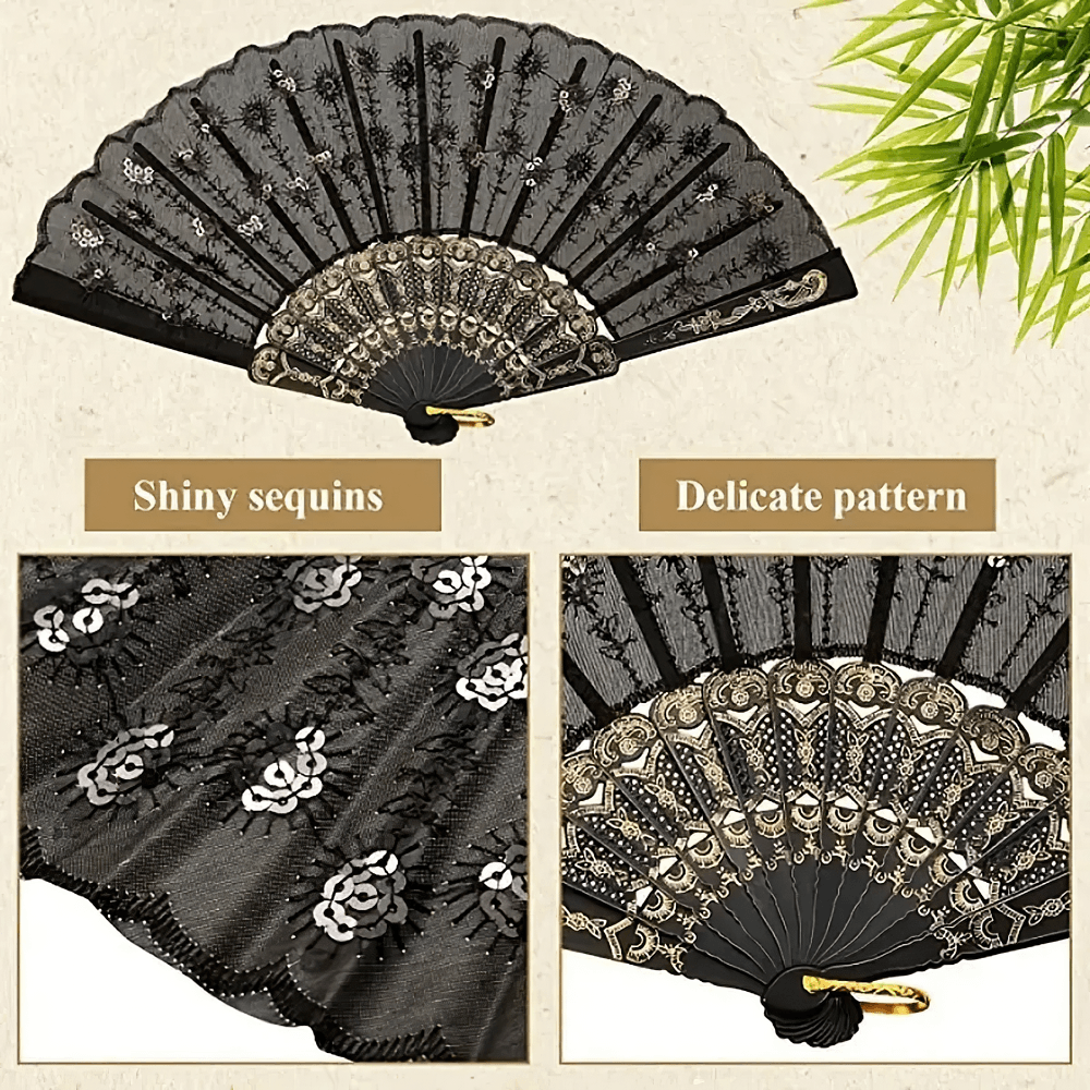 Elegante abanico plegable gótico vintage de encaje y lentejuelas