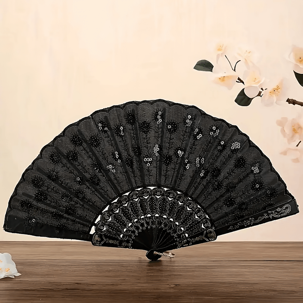 Elegante abanico plegable gótico vintage de encaje y lentejuelas