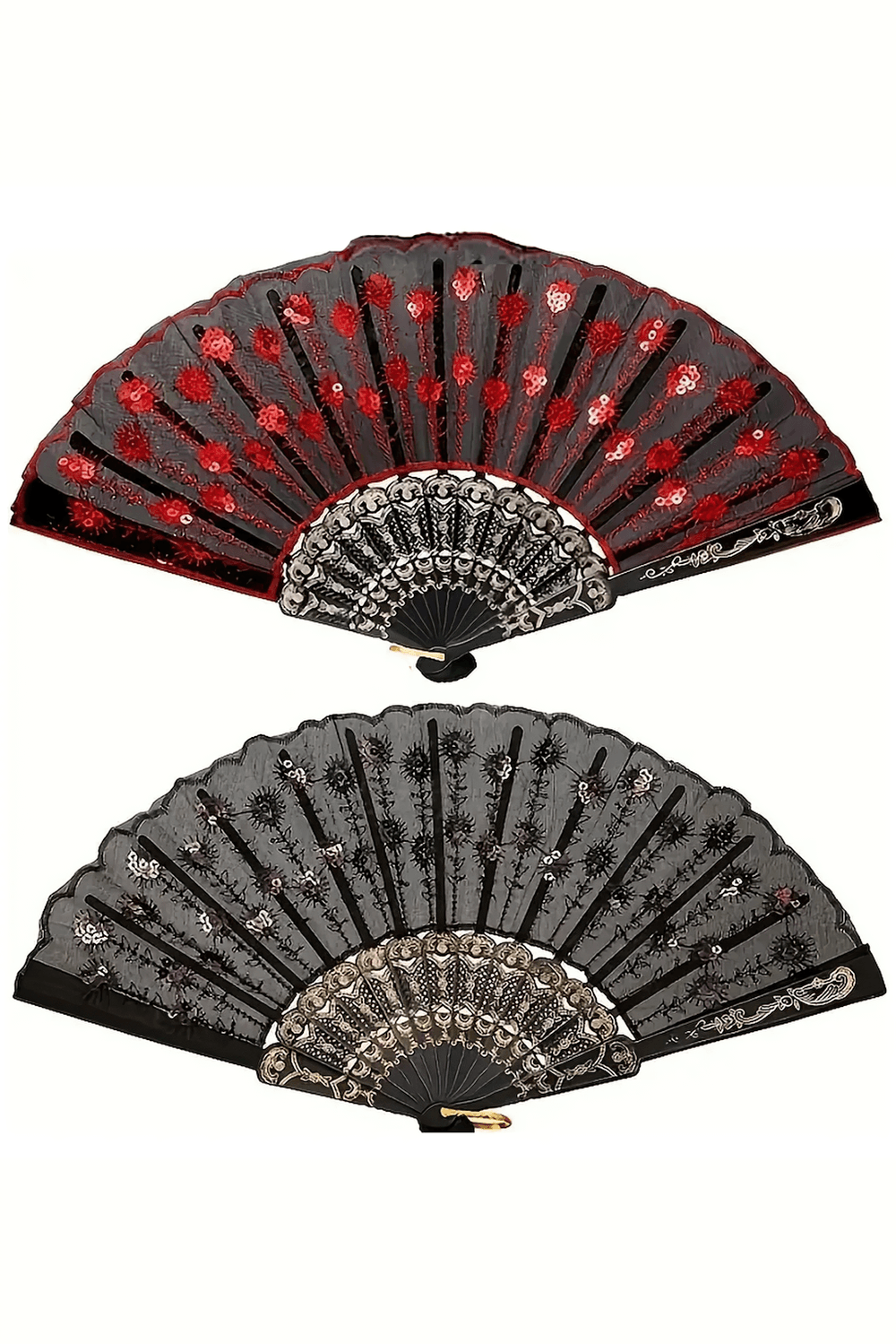 Elegante abanico plegable gótico vintage de encaje y lentejuelas