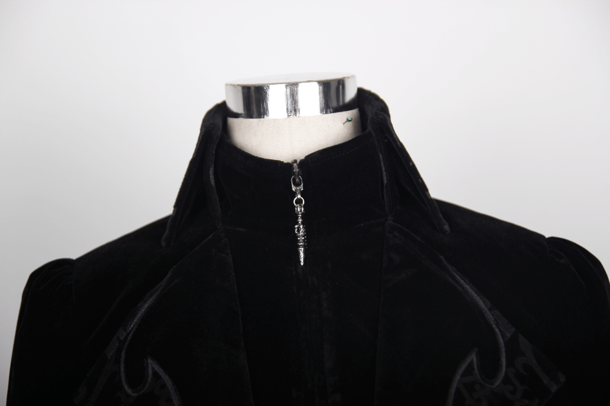 Close-up of a Gothic vintage black trench coat with a stylish zipper and elegant collar, perfect for steampunk fashion.