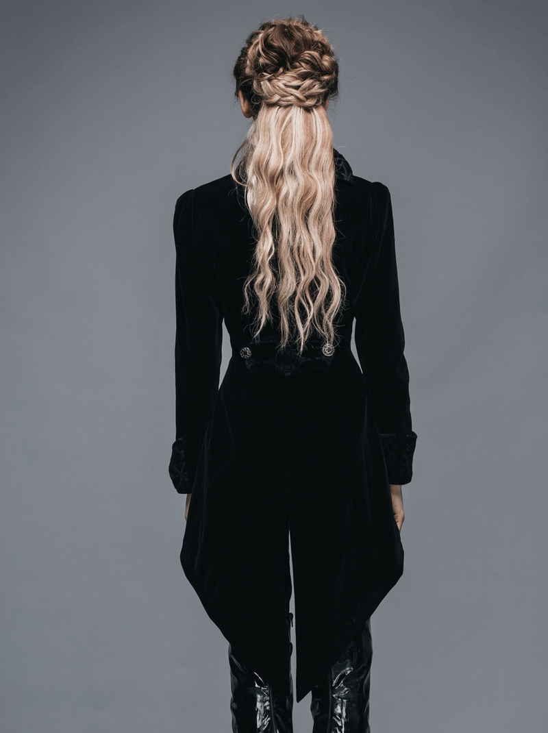 Back view of a Gothic vintage black trench coat, showcasing its elegant fitted design and stylish details.