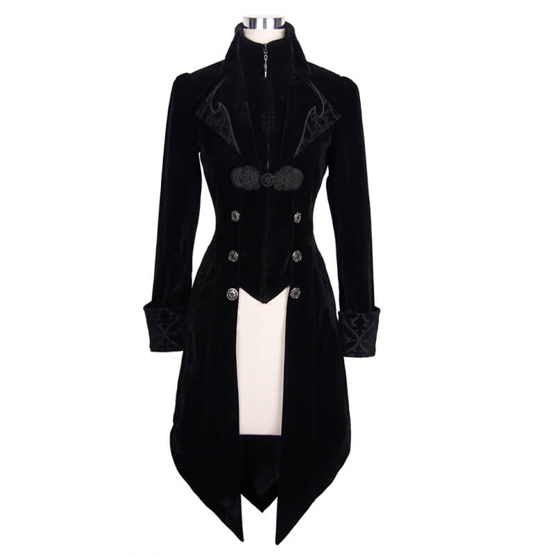 Gothic vintage black trench coat with steampunk embroidery, fitted design to highlight figure, elegant retro style.