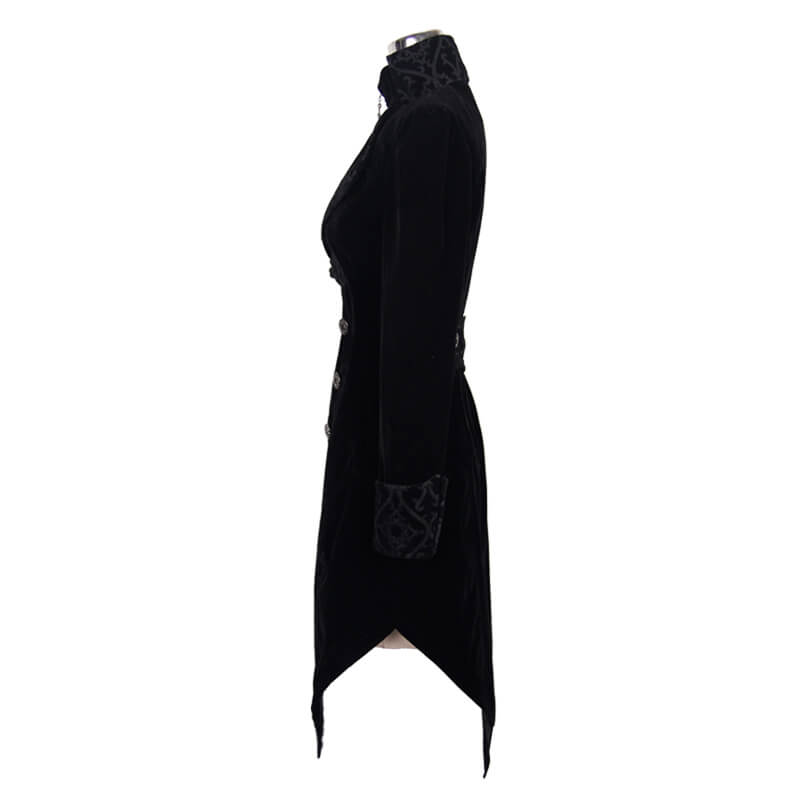Side view of a gothic vintage women's black trench coat with steampunk embroidery details.