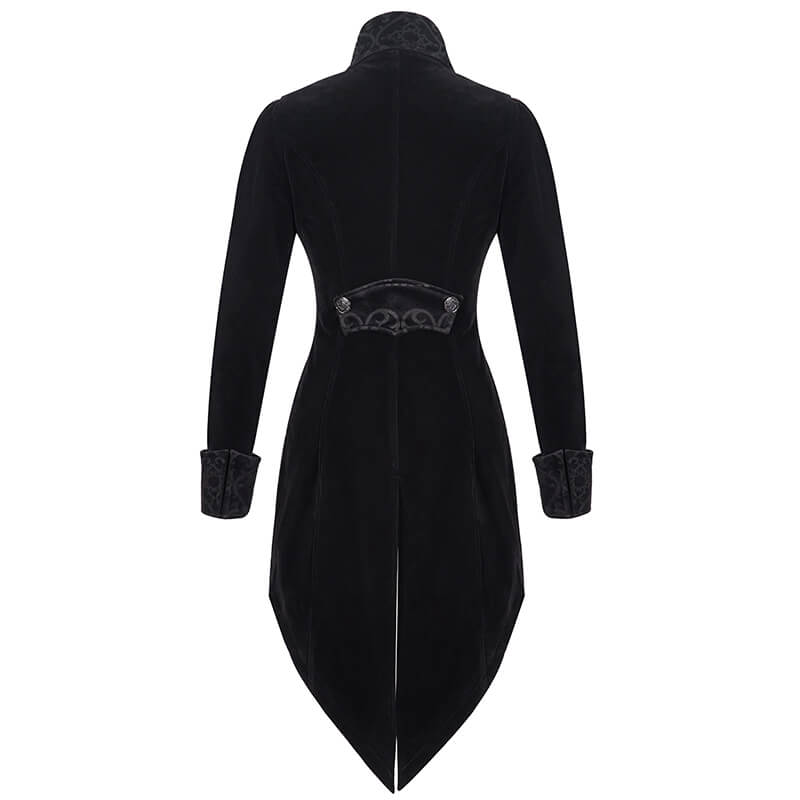 Back view of a gothic vintage black trench coat with steampunk embroidery detail, perfect for accentuating a feminine silhouette.