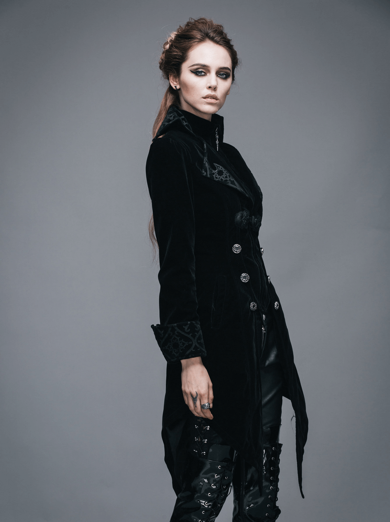 Elegant vintage black trench coat featuring intricate steampunk embroidery and a fitted silhouette for women.