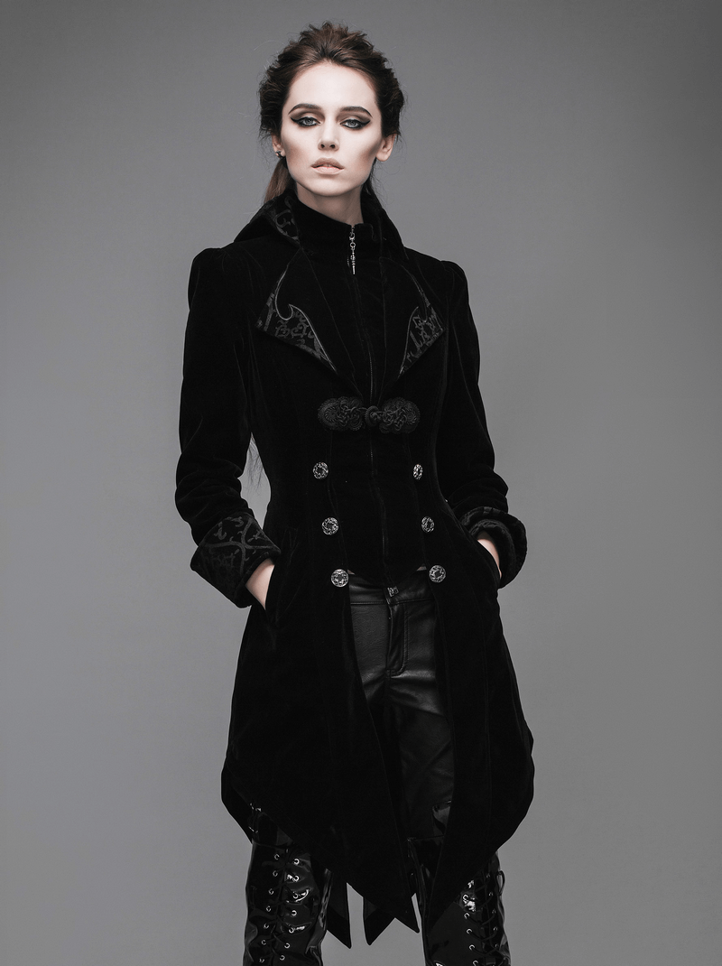 Gothic vintage black trench coat with steampunk embroidery, tailored fit for a stylish look.
