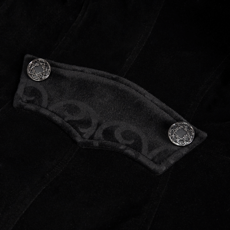 Close-up of black trench coat fabric featuring elegant silver buttons and intricate embroidery design, perfect for steampunk style.