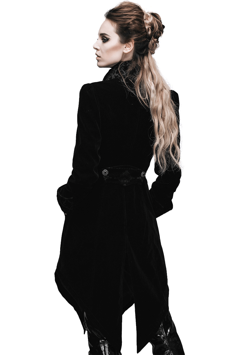 Elegant woman in a black steampunk trench coat, showcasing retro style and fitted cut from the back.