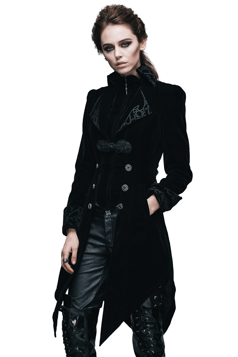 Gothic Vintage Female Black Trench Coat / Women's Steampunk Embroidery Printed Coat with Pockets - HARD'N'HEAVY