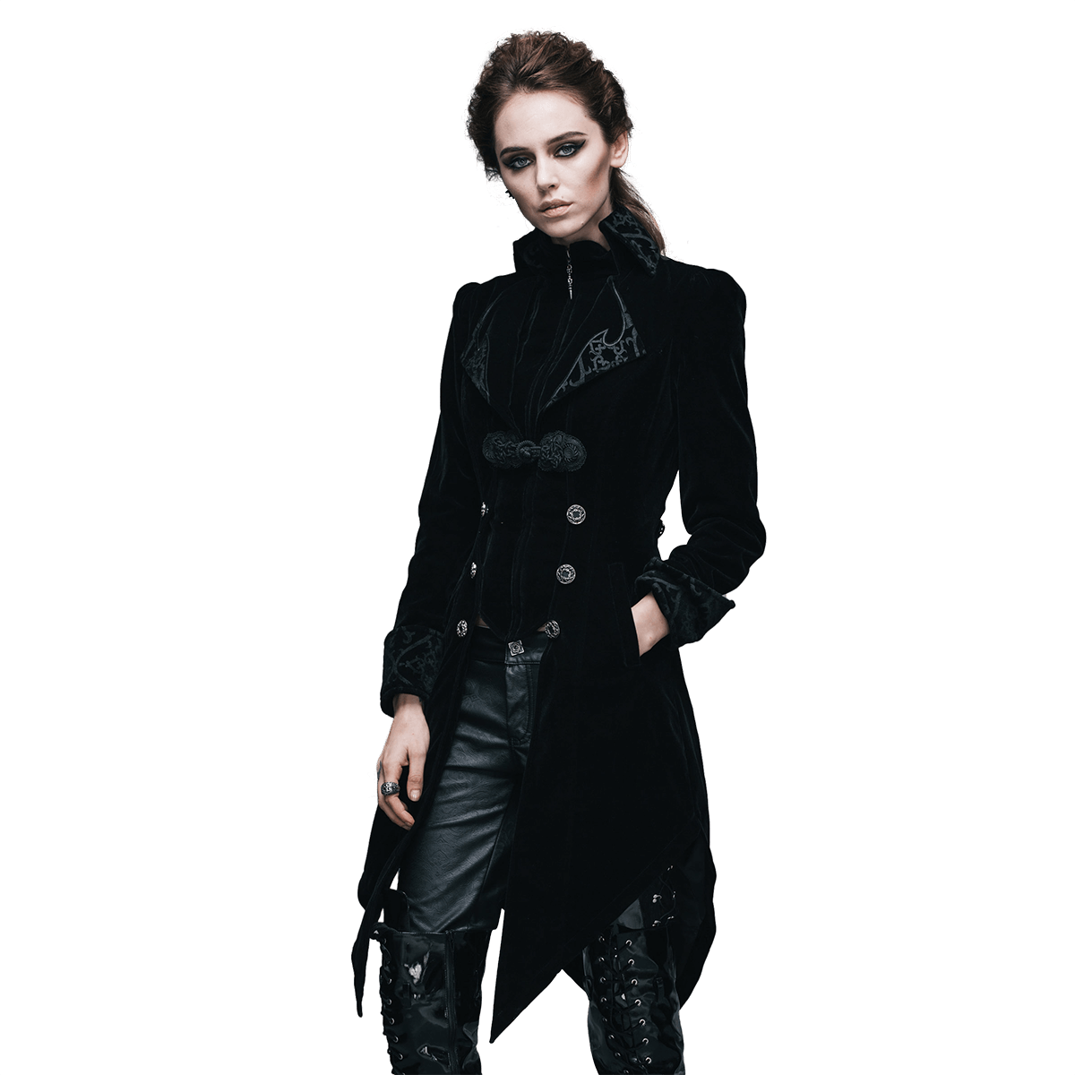 Gothic Vintage Female Black Trench Coat / Women's Steampunk Embroidery Printed Coat with Pockets - HARD'N'HEAVY