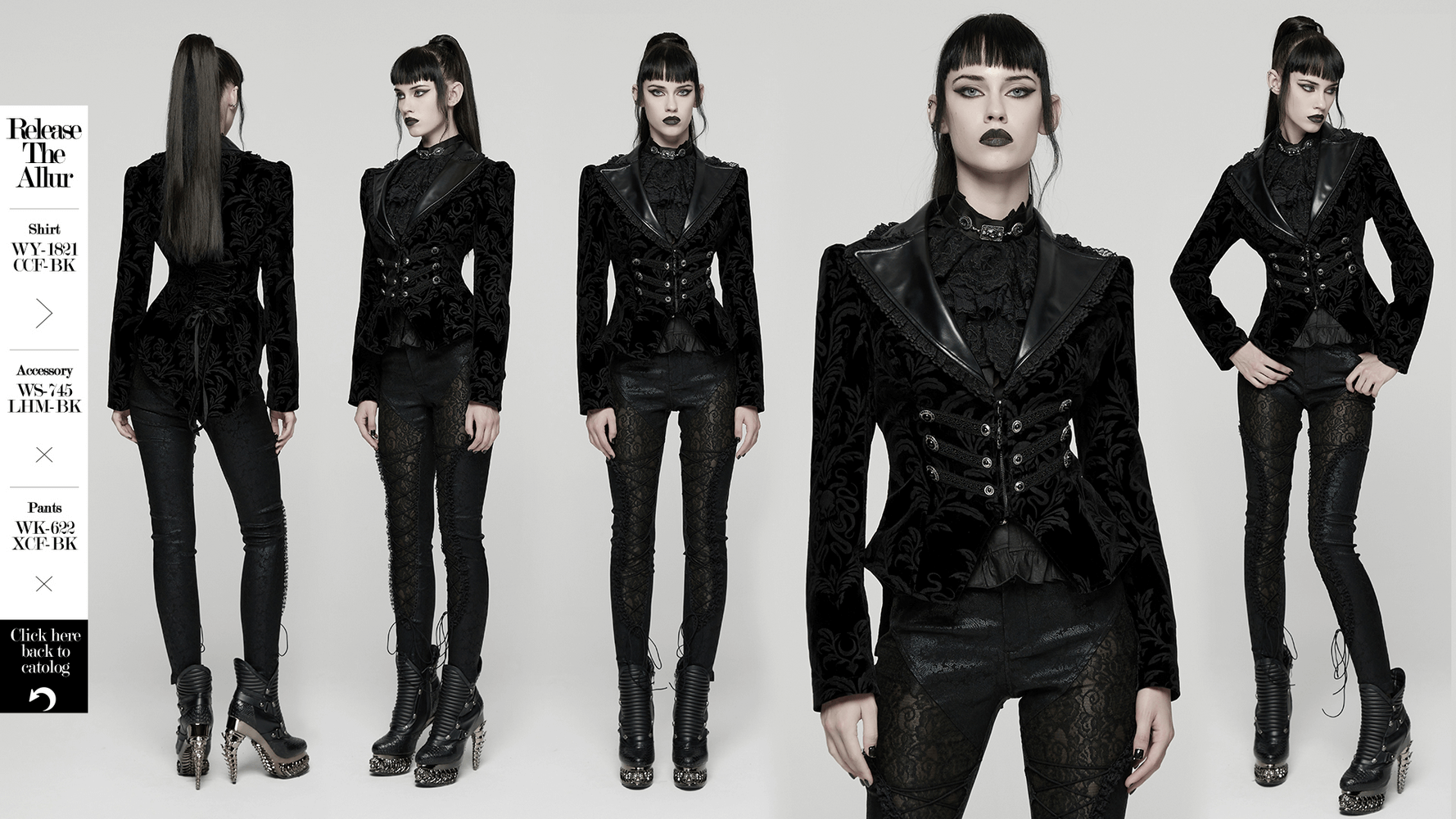 Gothic Vintage Lace-Up Velvet Jacket with Gemstone Buttons displayed on model in various angles.