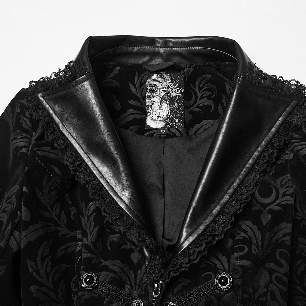 Gothic Vintage Lace-Up Velvet Jacket with Gemstone Buttons showing intricate lace trim and luxurious velvet design.