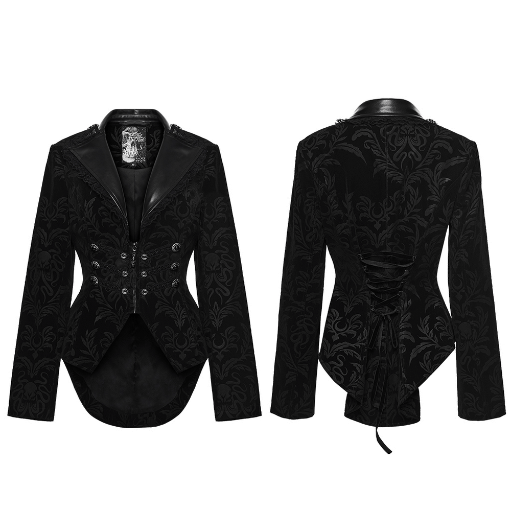 Gothic Vintage Lace-Up Velvet Jacket with Gemstone Buttons showcasing embossed velvet and lace trim in black