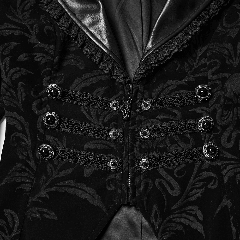 Gothic Vintage Lace-Up Velvet Jacket with Gemstone Buttons showcasing detailed lace trim and elegant buttons.