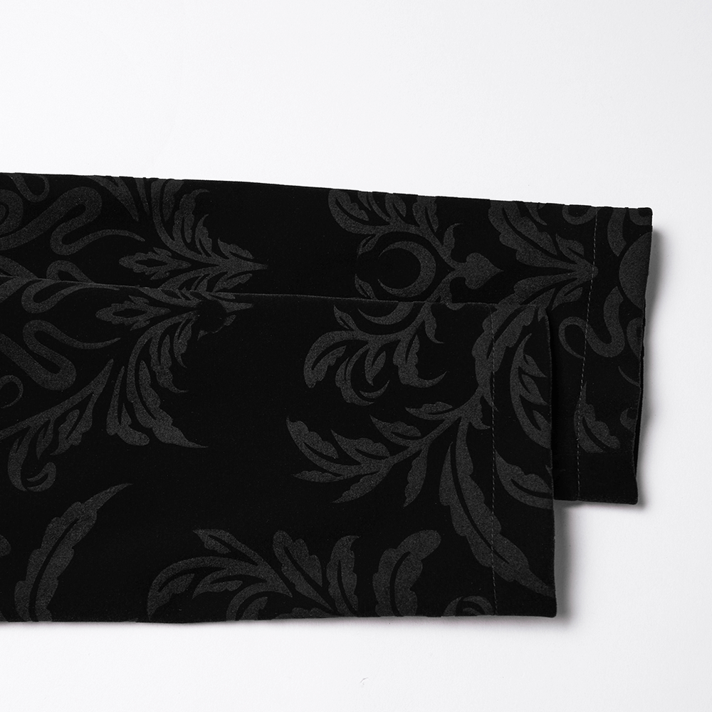 Gothic Vintage Lace-Up Velvet Jacket with Gemstone Buttons original fabric close-up showcasing embossed black velvet with intricate designs.