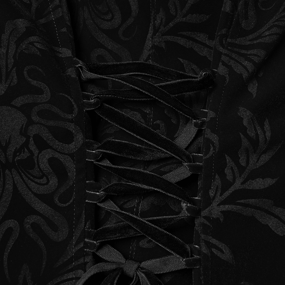 Gothic Vintage Lace-Up Velvet Jacket with Gemstone Buttons featuring an intricate lace detail.