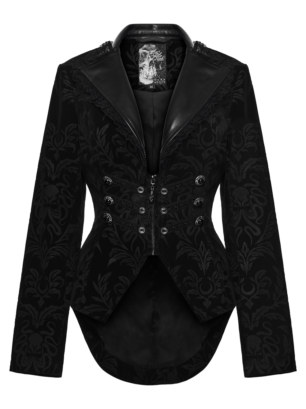 Gothic Vintage Lace-Up Velvet Jacket with Gemstone Buttons featuring embossed velvet and lace trim.