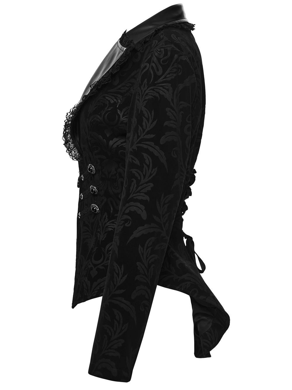 Gothic Vintage Lace-Up Velvet Jacket with Gemstone Buttons side view showcasing embossed velvet and lace trim design.