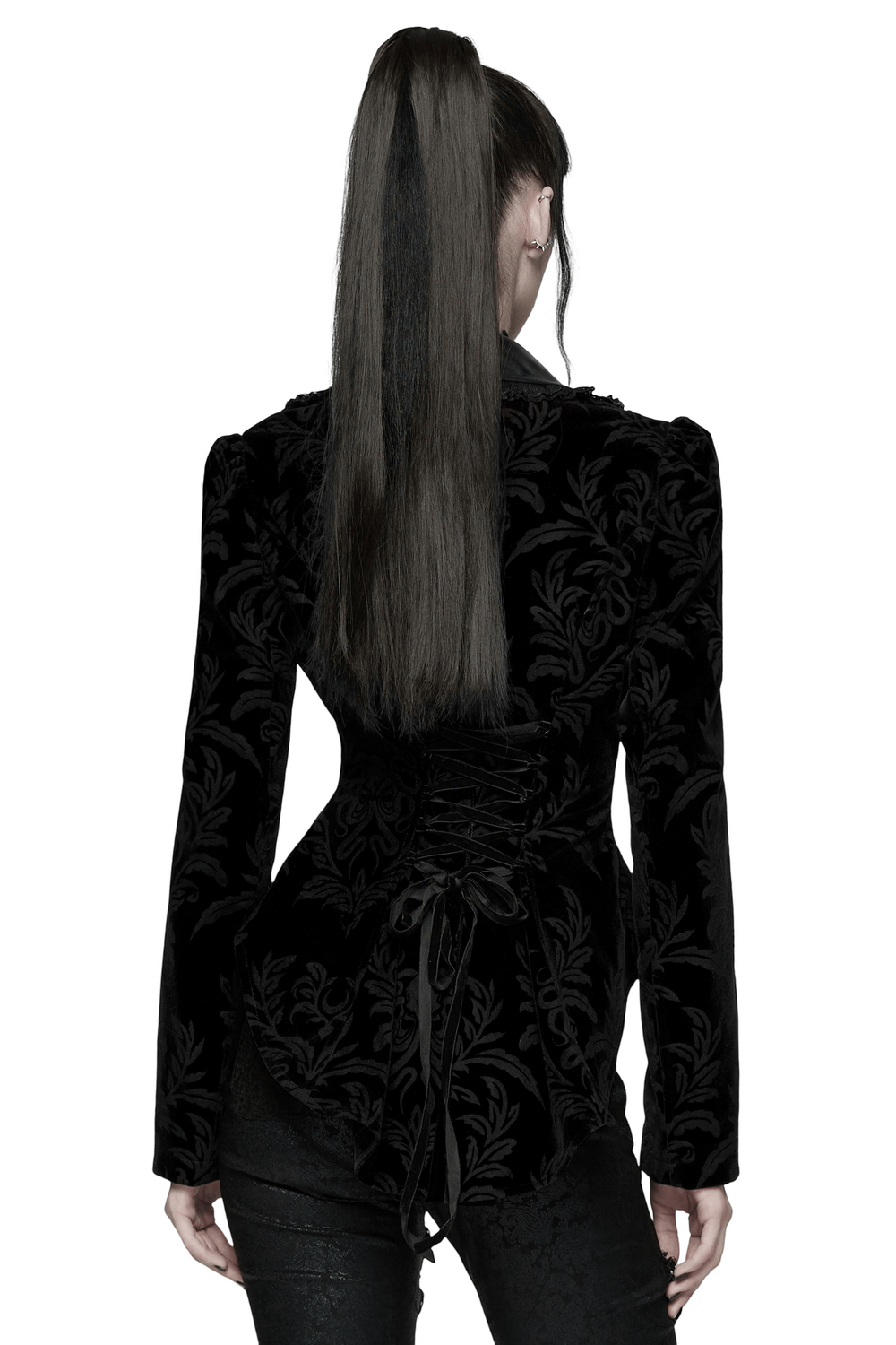 Gothic Vintage Lace-Up Velvet Jacket with Gemstone Buttons showcasing its intricate lace-up design and luxurious fit.