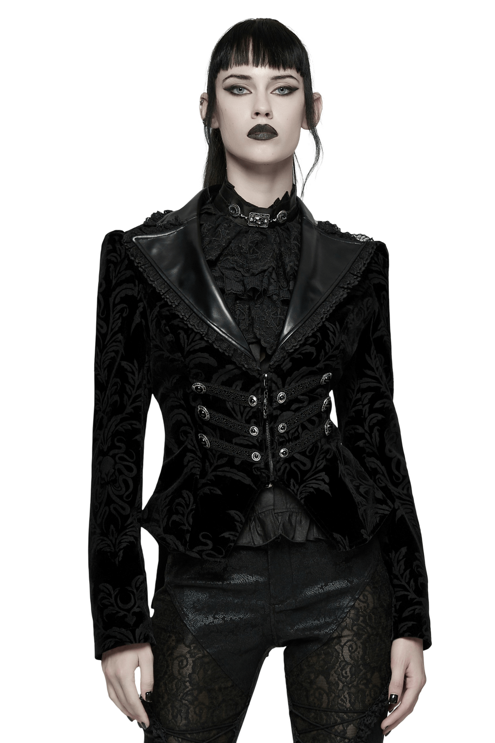 Gothic Vintage Lace-Up Velvet Jacket with Gemstone Buttons modeled by a fierce fashionista in a dramatic pose.