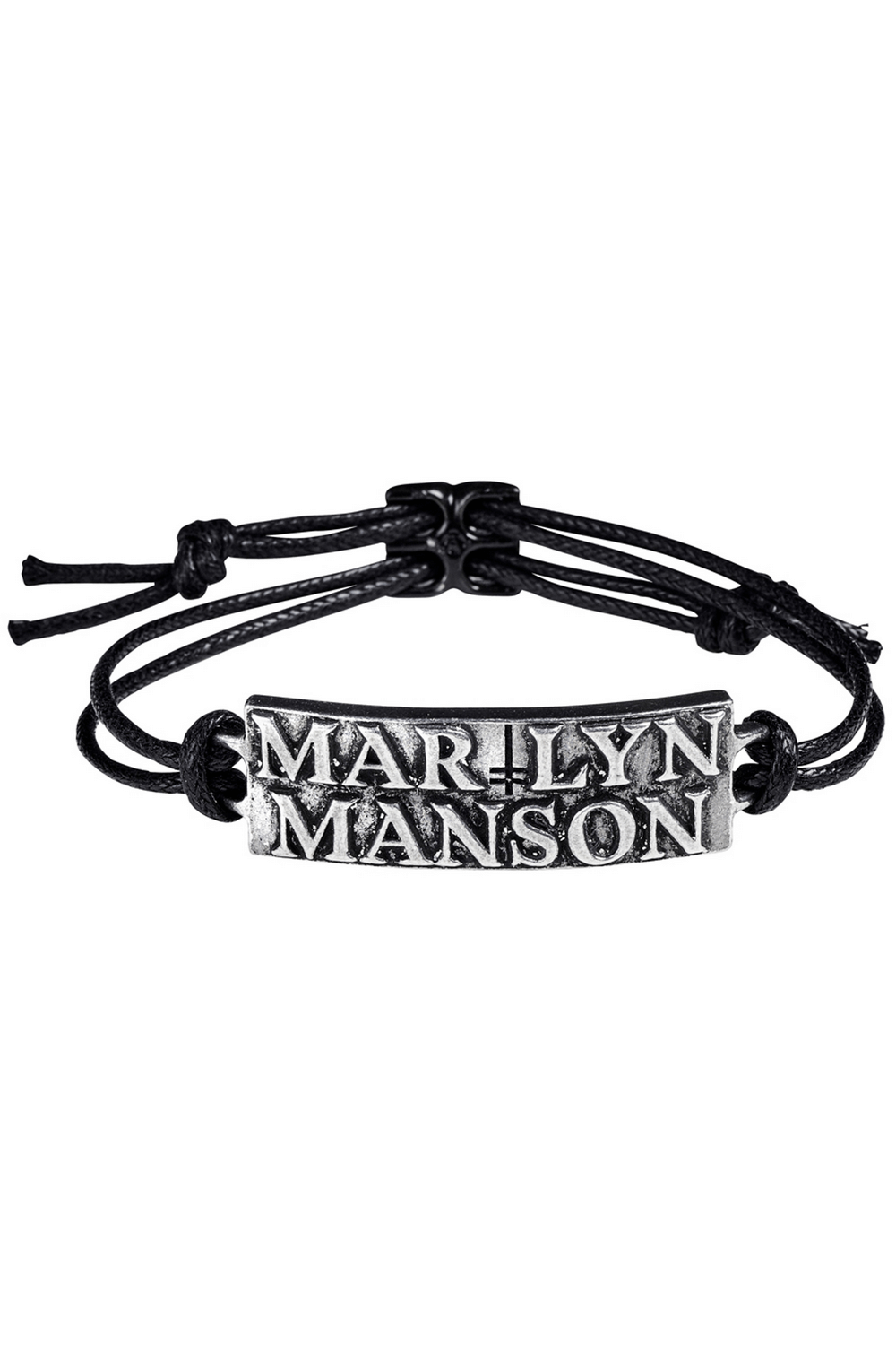 Marilyn Manson 3D Pewter Logo Bracelet on Black Cord with adjustable black waxed cord.
