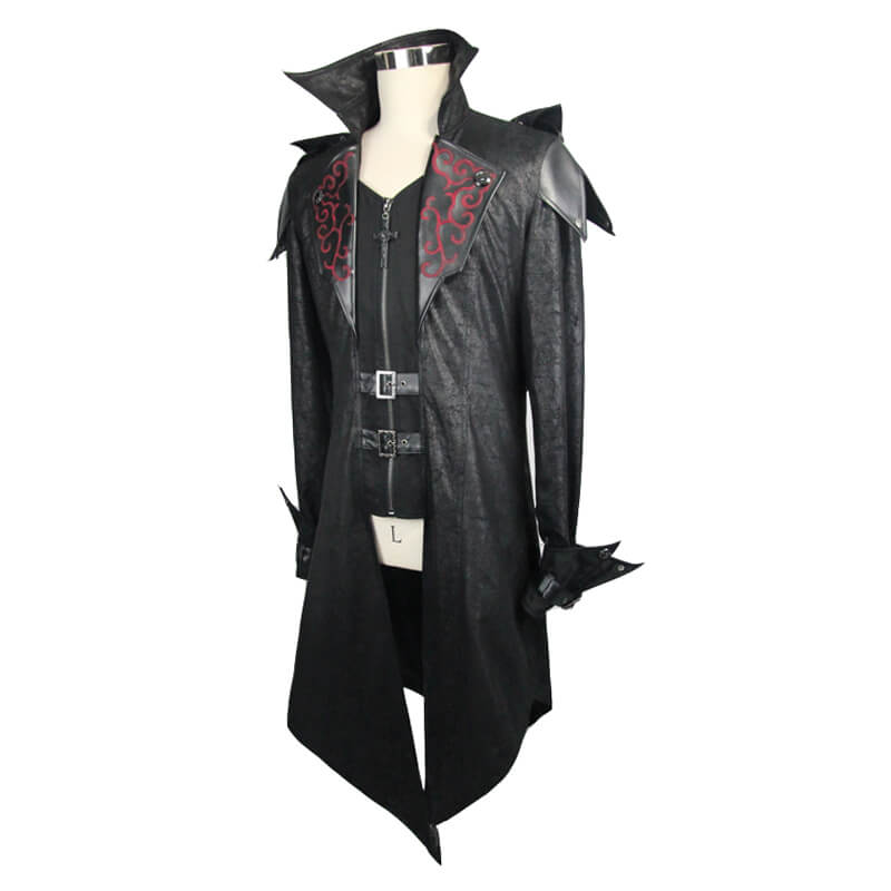 Gothic vintage long black men's coat with hood and intricate design, perfect for steampunk and medieval styles.