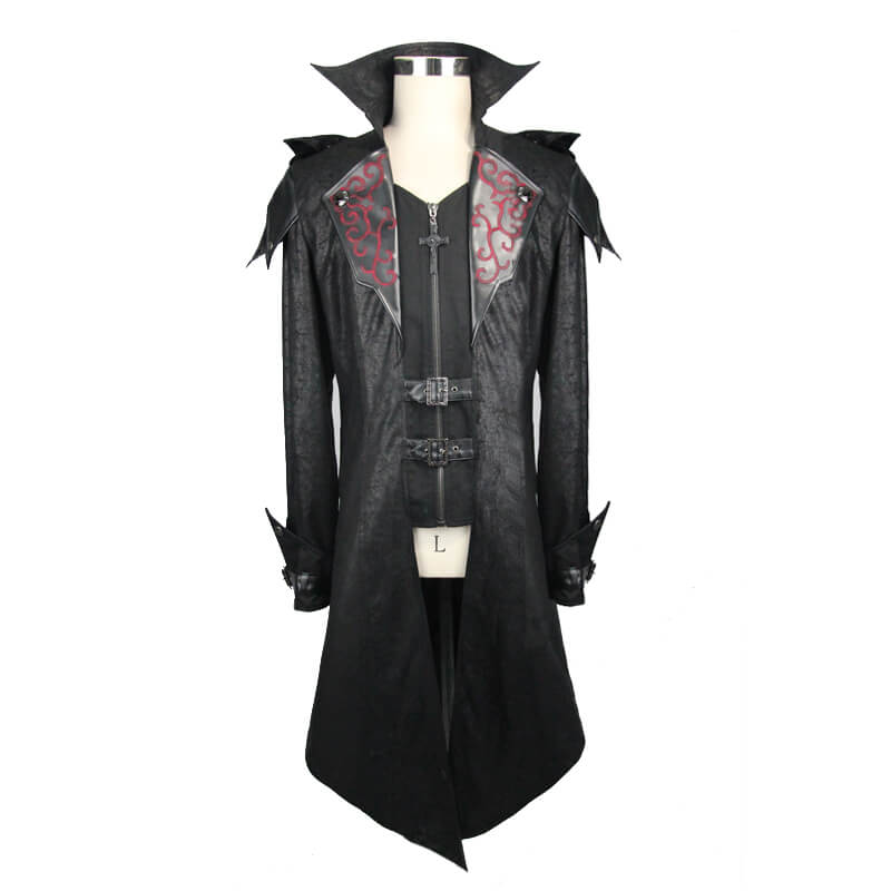 Gothic vintage long black men's coat with intricate red detailing and stylish hood for a medieval warrior look.