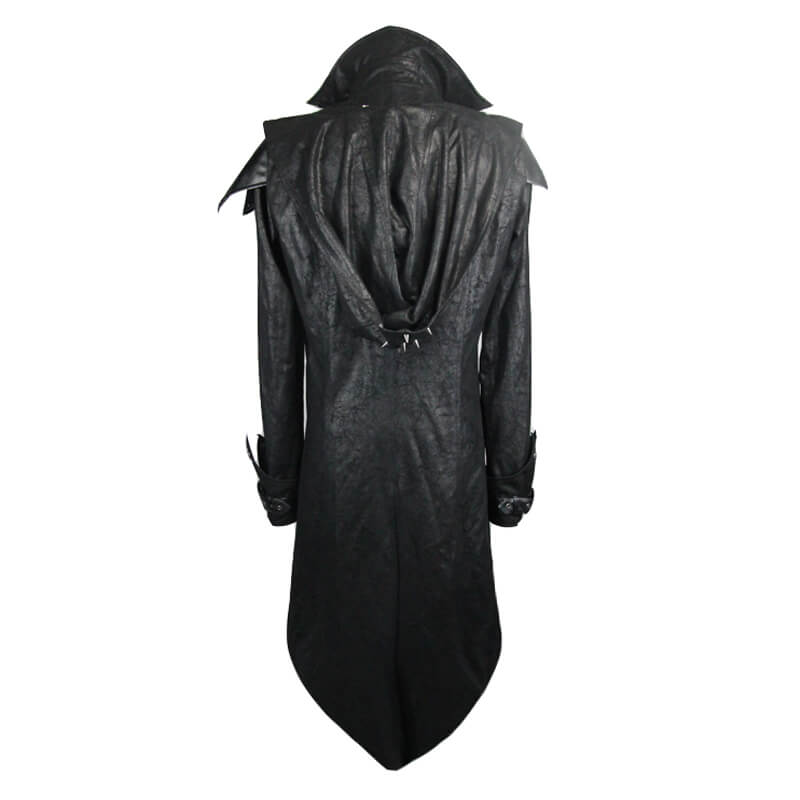 Gothic vintage long black men's coat with hood and stylish back design, perfect for steampunk or medieval warriors.