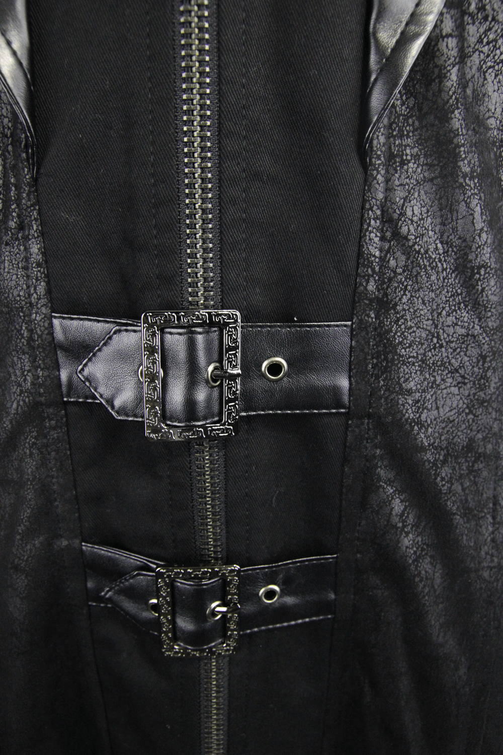 Close-up of gothic vintage men's black coat features stylish buckles and a zipper detail, highlighting its quality PU leather design.