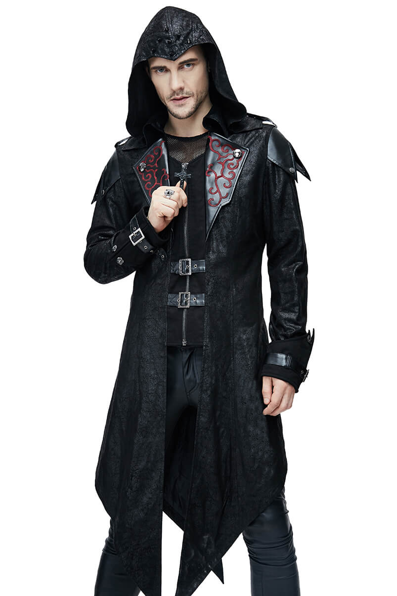 Stylish Gothic vintage long black men's coat with hood and intricate design, perfect for steampunk and medieval looks.