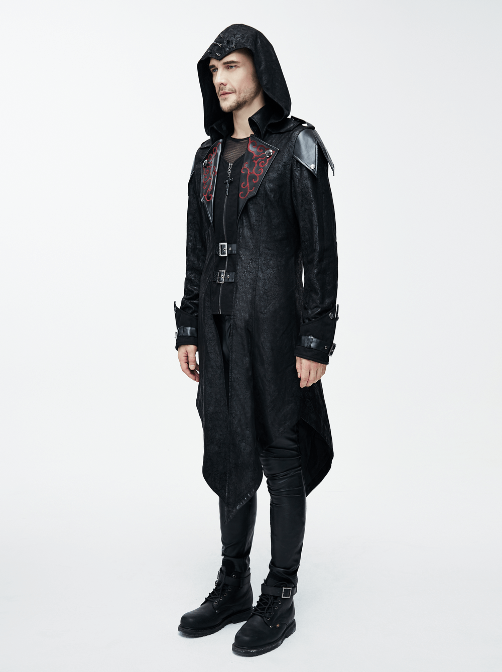 Gothic vintage black men's coat with hood, featuring stylish design and PU leather material, perfect for warriors.