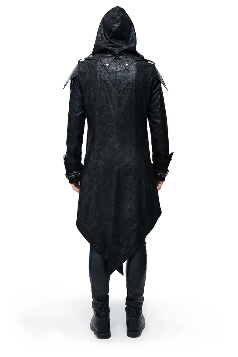 Back view of a Gothic vintage long black men's coat with a hood and stylish shoulder details.