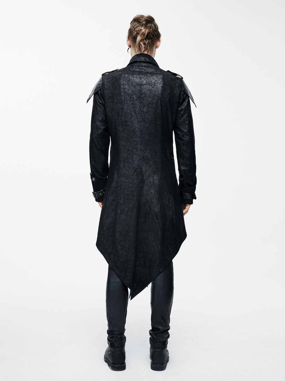 Back view of a gothic vintage long black men's coat with stylish design and comfortable hood.