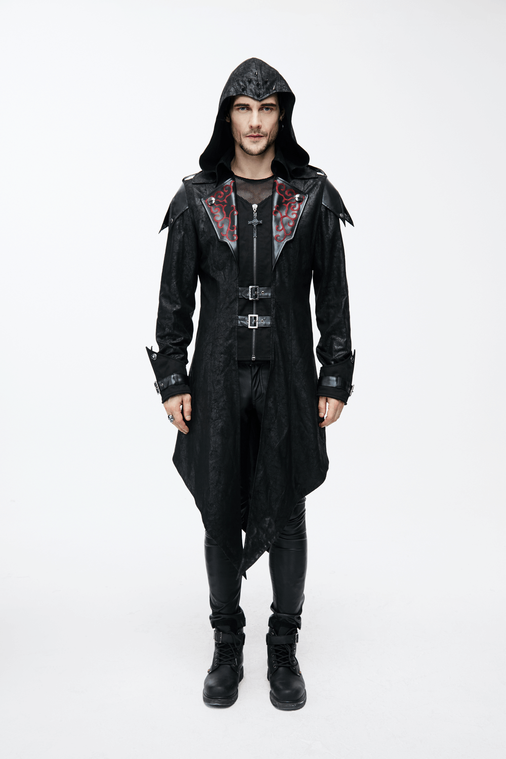 Men's Gothic Vintage Long Black Coat with hood and stylish detailing, perfect for a steampunk medieval look.