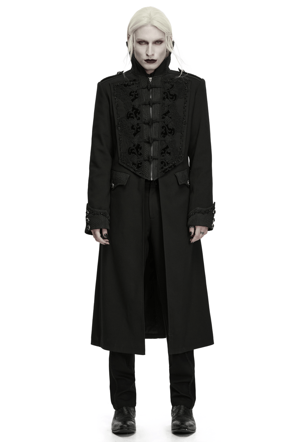 Gothic Vintage Long Coat with High Collar and Frogs, men's black Victorian jacquard long coat with ornate frog closures