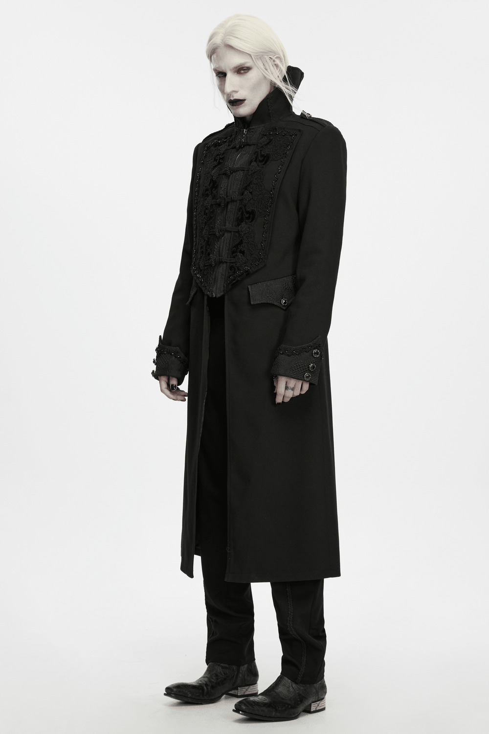Gothic Vintage Long Coat with High Collar and Frogs, black Victorian-inspired men's coat with ornate jacquard details