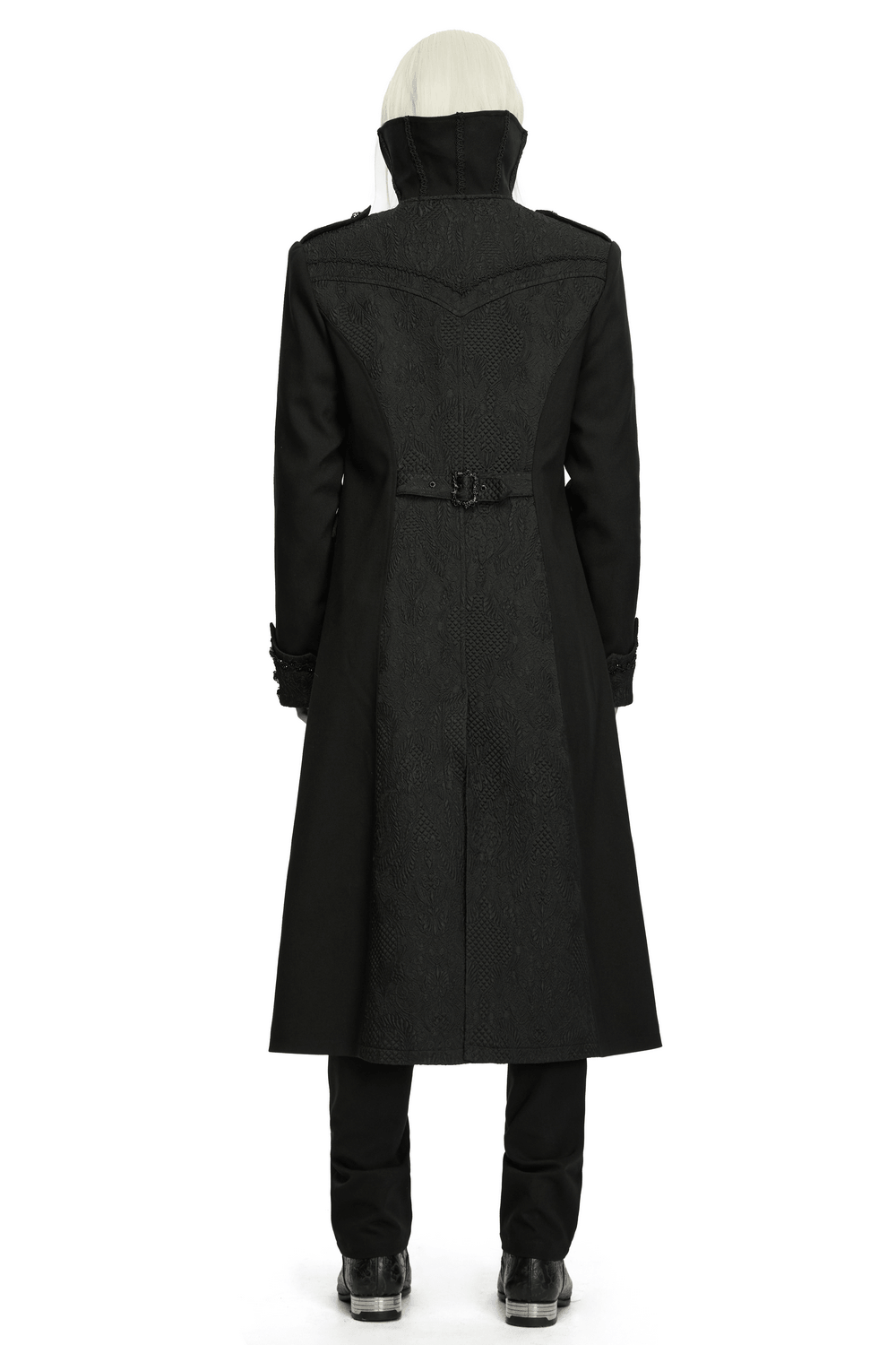 Gothic Vintage Long Coat with High Collar and Frogs, black men’s Victorian jacquard coat with dramatic back detail