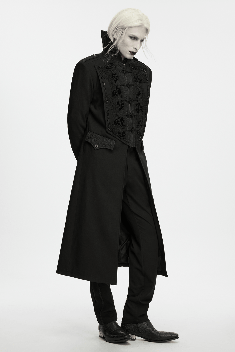 Gothic Vintage Long Coat with High Collar and Frogs, men's black jacquard Victorian coat with beaded trim and pointed closures