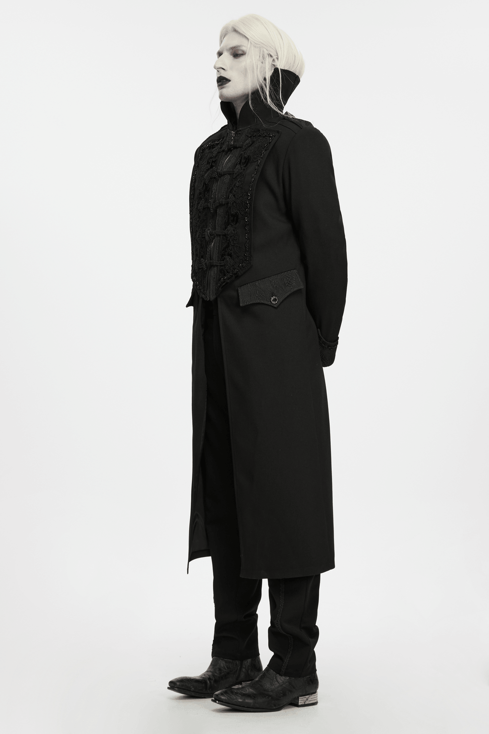 Gothic Vintage Long Coat with High Collar and Frogs men's black Victorian jacquard coat with ornate lace and stand collar