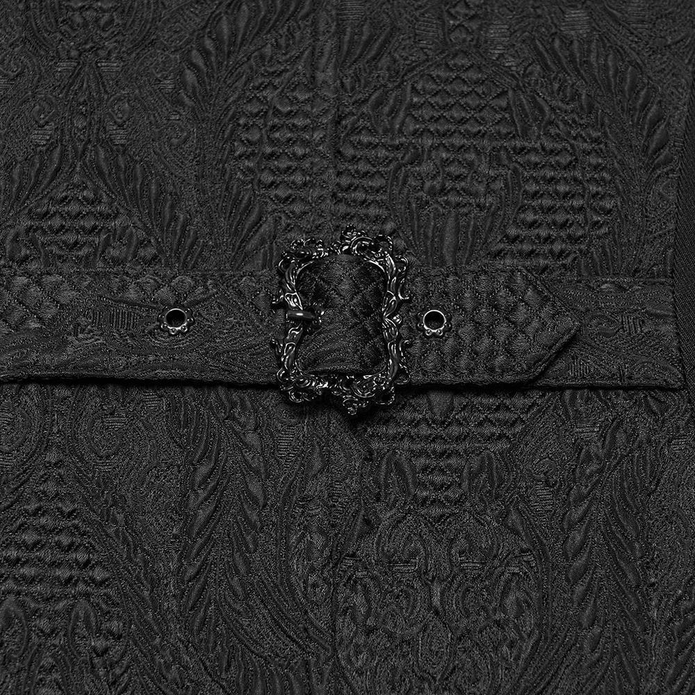 Gothic Vintage Long Coat with High Collar and Frogs black jacquard fabric with ornate frog closure and Victorian gothic detail