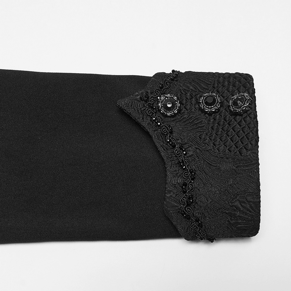 Gothic Vintage Long Coat with High Collar and Frogs, black jacquard cuff with ornate beaded details