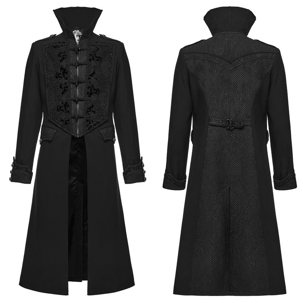 Gothic Vintage Long Coat with High Collar and Frogs black men's Victorian jacquard coat with pointed frog closures