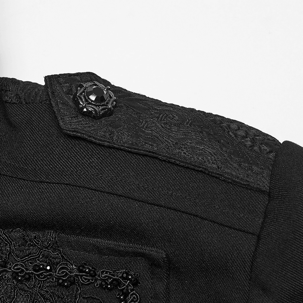 Gothic Vintage Long Coat with High Collar and Frogs, black jacquard shoulder detail with ornate frog closure