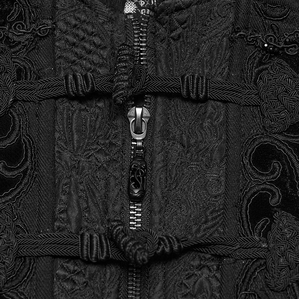 Gothic Vintage Long Coat with High Collar and Frogs black jacquard close-up with ornate frog closures