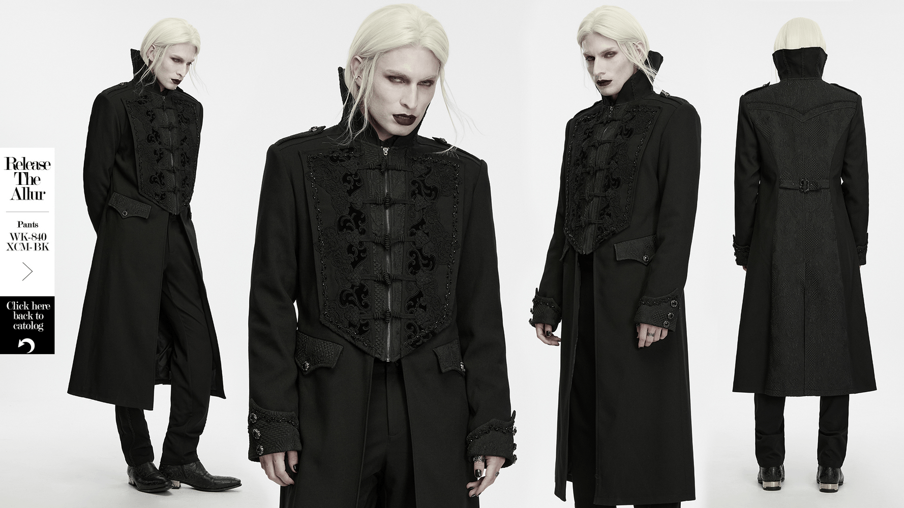 Gothic Vintage Long Coat with High Collar and Frogs black men's Victorian jacquard coat with ornate lace and frogging