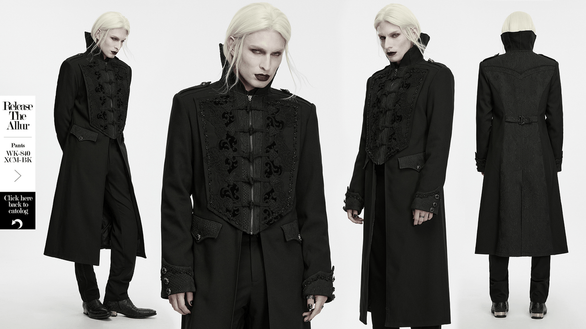 Gothic Vintage Long Coat with High Collar and Frogs black men's Victorian jacquard coat with ornate lace and frogging