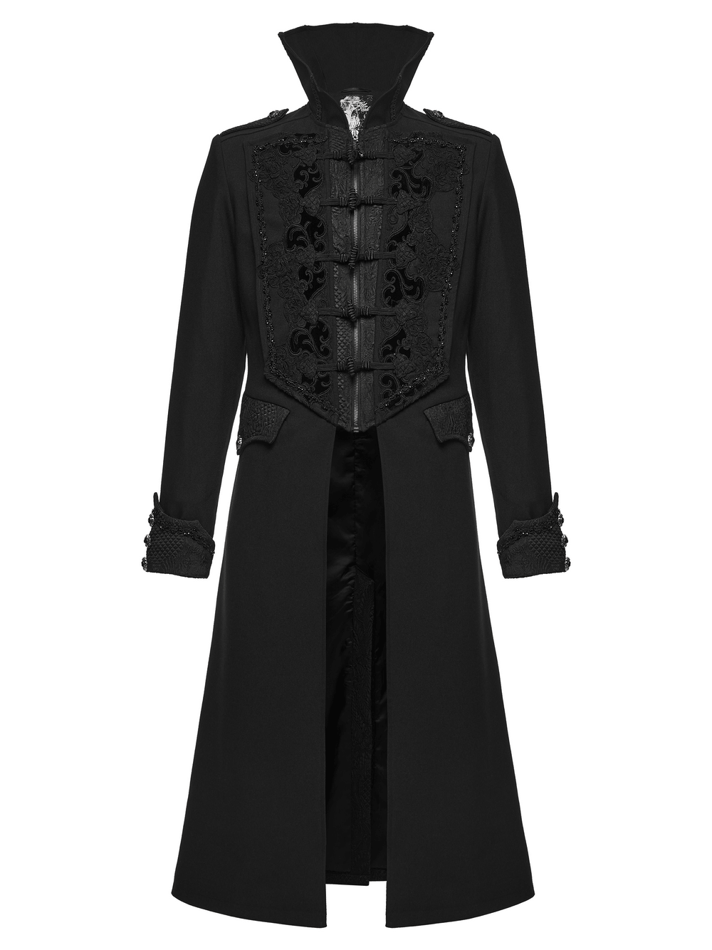 Gothic Vintage Long Coat with High Collar and Frogs, men's black jacquard Victorian style coat