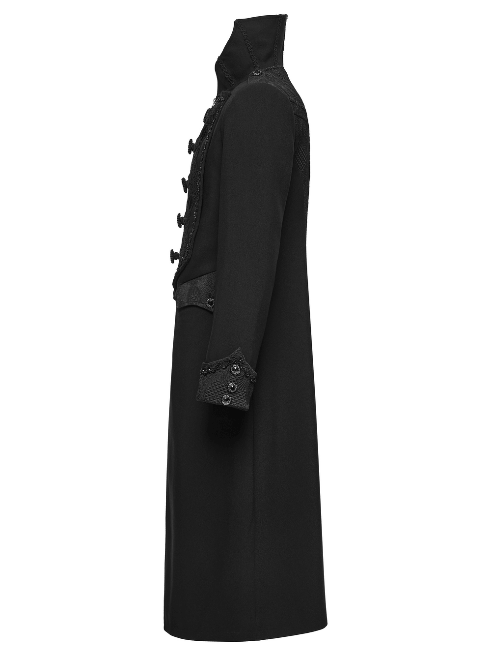 Gothic Vintage Long Coat with High Collar and Frogs men's black Victorian jacquard coat with frog closures