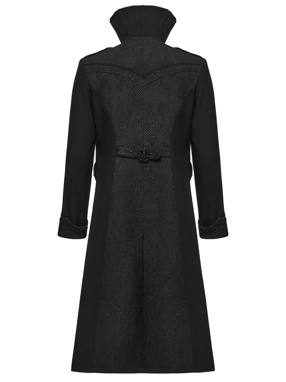 Gothic Vintage Long Coat with High Collar and Frogs, black jacquard Victorian men's coat with ornate back detail